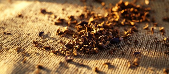 Dried clove spice scattered on rustic burlap surface showcasing natural textures and warm lighting.