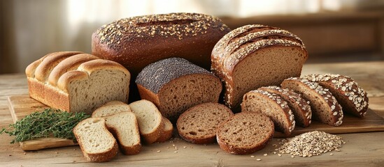 Assorted Artisan Bread Variety Wheat Rye Flavors Freshly Baked on Rustic Wooden Surface