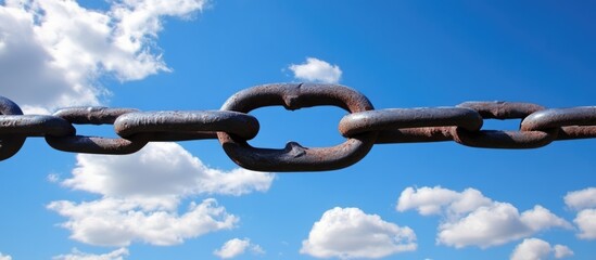 Naklejka premium Looking up at a chain link fence against a clear blue sky with clouds symbolizing challenges and breakthroughs in life and opportunities.