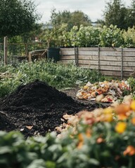 Eco-friendly composting station filled with biodegradable waste and vibrant greenery, promoting sustainable living.