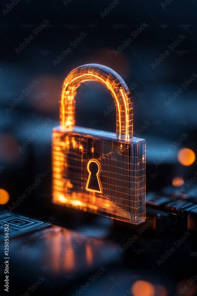 Leinwandbilder Futuristic Cybersecurity Visualization Holographic Digital Lock with Neon Glow on Dark Grid - Network Safety Content for Tech Industries and Data Protection Strategies