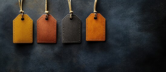 Colorful Leather Tags on Holder Ring with Blank Space for Custom Text on Dark Background