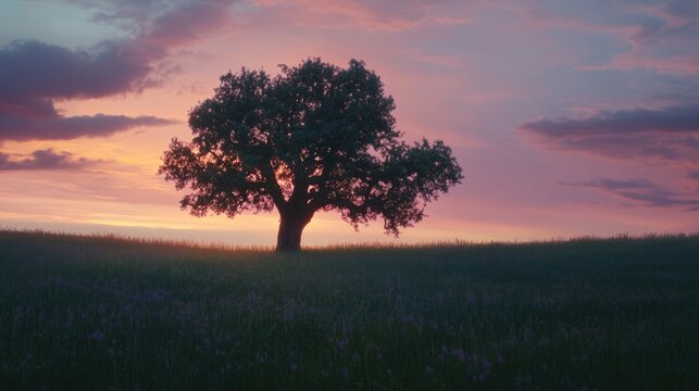 Lone oak tree silhouette in a vibrant sunset over grassy field symbolizing perseverance and the beauty of nature.