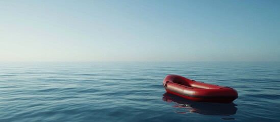 Lone red rubber boat floating serenely in the calm ocean against a clear blue sky with ample empty space for text or branding