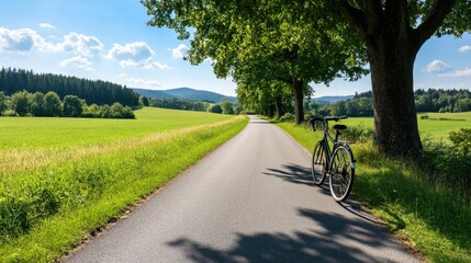 Bicycle ride along scenic country road green fields photography beautiful day nature tranquil environment