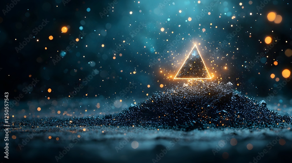Poster glowing triangle shaped particle effect in dark cosmic background with vibrant lights and sparks abs