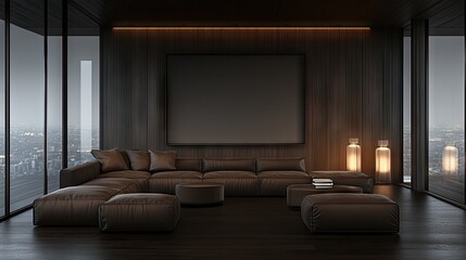 Fototapeta premium Modern apartment living room with city view at night, perfect for relaxation and leisure