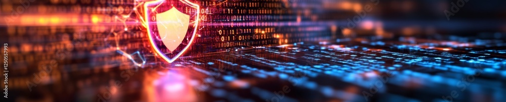 Poster Futuristic Digital Security Neon Shield Emerging from Circuitry, Network Protection in Binary Patterns - Advanced Cybersecurity Visuals for Enterprise Solutions