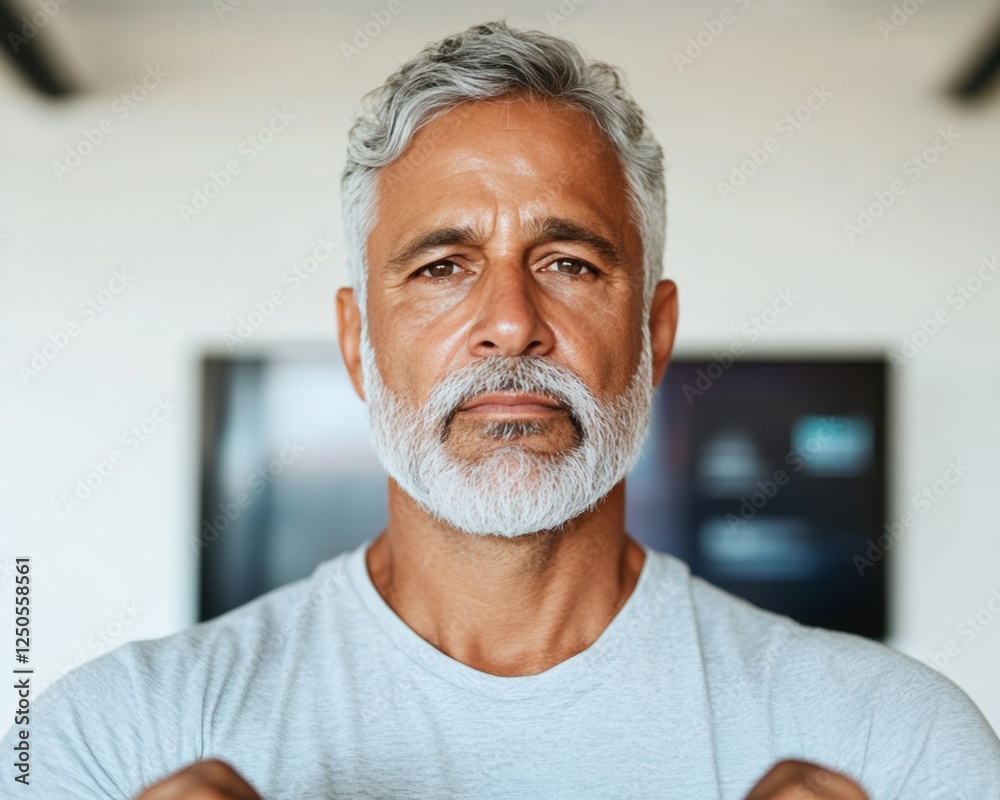 Poster modern home gym motivation middle-aged indian man with smart dumbbells in elegant setting - enhancin