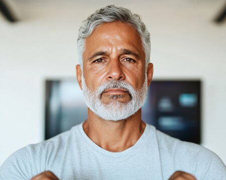 Modern Home Gym Motivation Middle-Aged Indian Man with Smart Dumbbells in Elegant Setting - Enhancing Wellness and Digital Fitness for Contemporary Lifestyle - Powered by Adobe