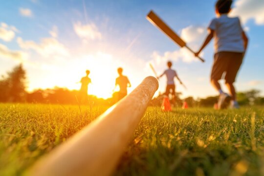 Vibrant Cricket Enthusiasm Youthful Friends on a Sunlit Field with Wooden Bats and Cones - Dynamic Sports Content and Outdoor Recreation Marketing - Powered by Adobe