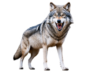 A furious gray wolf in mid-snarl, fur standing on end, with a transparent background