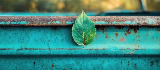 Leaf resting on the rusted edge of a turquoise vintage truck capturing a serene moment in nature and nostalgic automotive charm