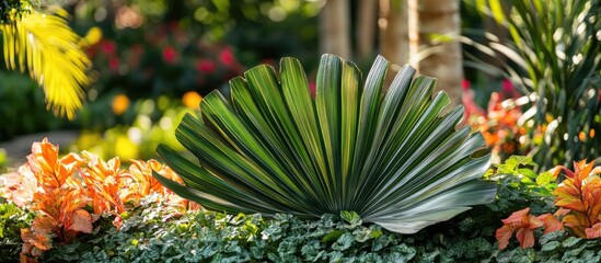Fototapeta premium Decorative palm leaf in a vibrant botanical garden surrounded by colorful flowers and lush greenery.