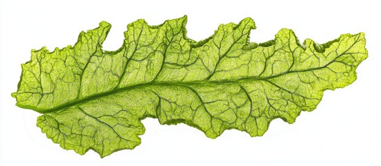 Fototapeta premium Fresh horseradish leaf isolated on a clean white background showcasing its intricate veins and vibrant green color.