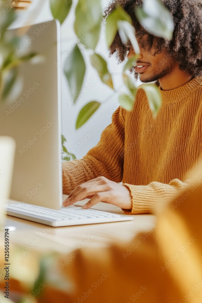 Fototapete modern casual workspace young professional in cozy knitwear at minimalist desk with computer innovat