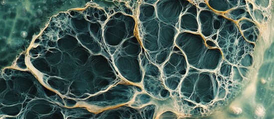 Microscopic view of leaf fiber structure showcasing intricate networks and textures in natural materials for scientific and educational use.