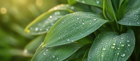 Obraz premium Lush green leaves with water droplets illuminated by soft light in a serene nature setting emphasizing tranquility and freshness.