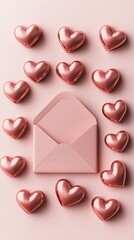 Obraz premium Pink envelope surrounded by heart shaped chocolates on light pink background