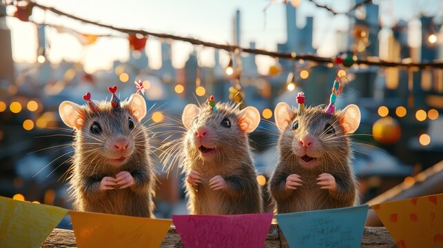 Celebrating a rat's birthday on a new york rooftop city skyline festive animals vibrant environment fun concept