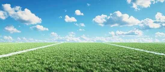 Naklejka premium Vibrant football field with lush green grass under a bright blue sky and fluffy clouds creating an inviting sports background.
