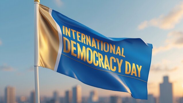 Celebration of International Democracy Day with a vibrant flag waving against a city skyline backdrop during the morning light