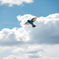 dynamic shot of a bluebird flying over a bright, cloudy sky 