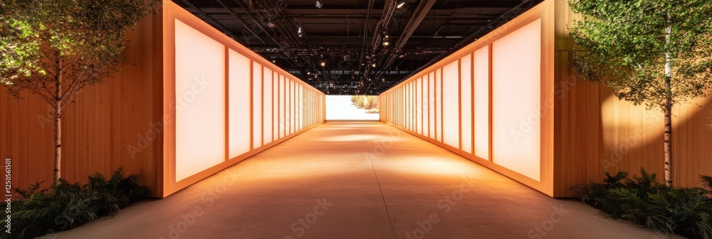 Poster Geometric Display Booths with Interactive Screens and LED Lighting in Trade Shows Modern Corporate Presentation for Innovative Marketing and Networking