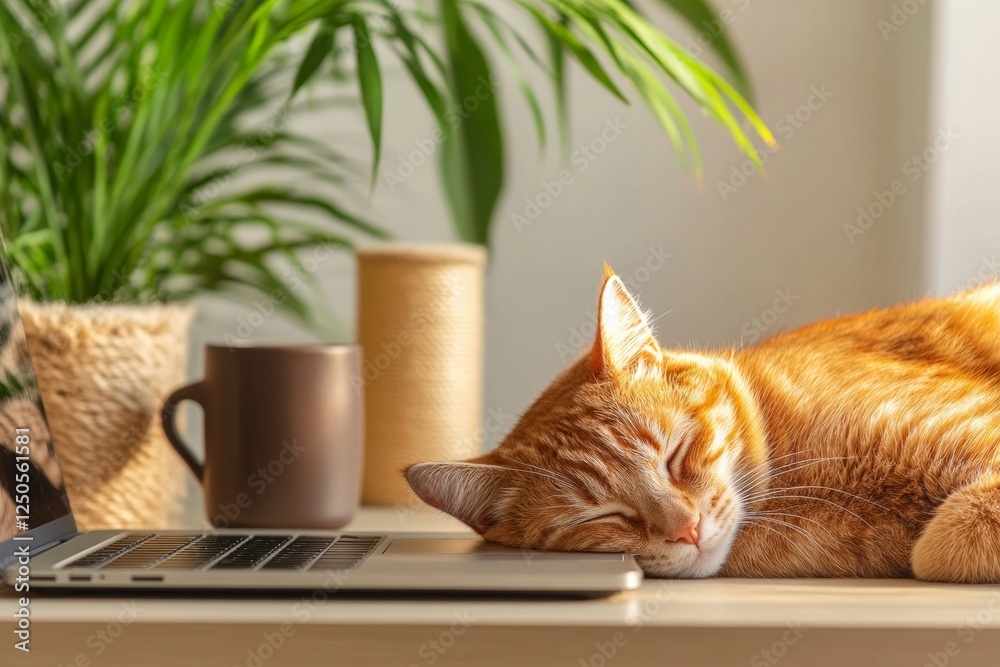 Poster scandinavian-chic home office minimalist workspace with laptop and cat for remote work - modern pet-