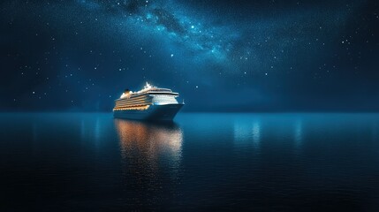 Majestic Cruise Ship Illuminated at Night on Calm Ocean Under a Starry Sky with Glowing Reflection on Water, Evoking Tranquility and Adventure