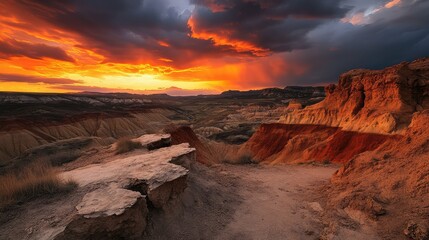 Fototapeta premium Breathtaking Sunset Over Rugged Landscape with Dramatic Clouds and Vibrant Colors, Capturing Nature's Beauty in a Desert Canyon at Dusk