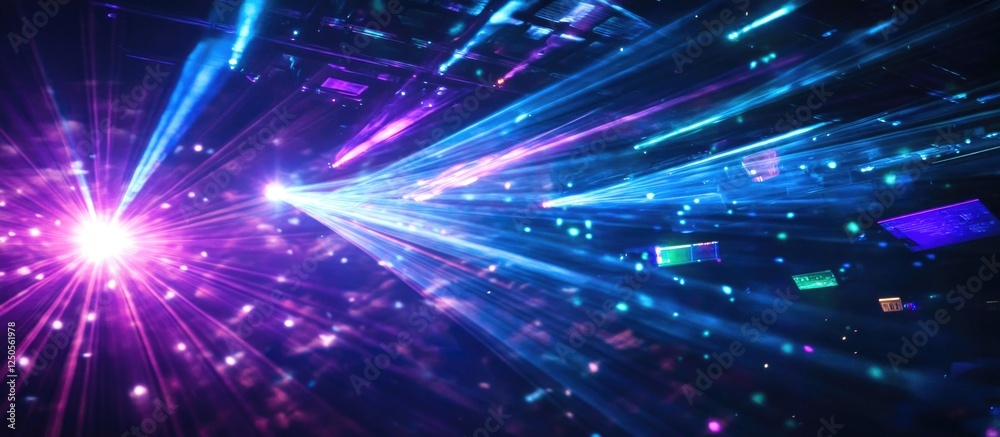 Poster Dynamic laser beams creating a vibrant light display with colorful patterns and visual effects in a dark environment.