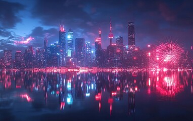 Neon cityscape skyline reflected in water with fireworks.