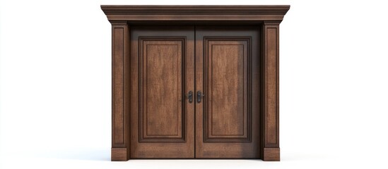 Elegant large wooden double doors showcasing rich wood texture ideal for modern entrance hall designs on a clean white background.