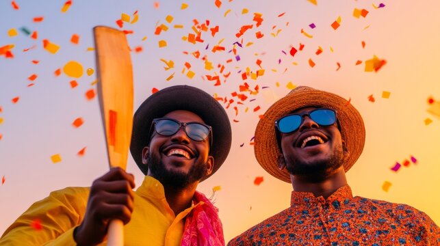Vibrant Urban Cricket Celebration Diverse Friends on Rooftop with Bats and Confetti at Dusk - Engaging Cultural Content for Sports Marketing and Festive Campaigns - Powered by Adobe