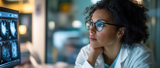 Focused medical examination of x-rays by a female doctor in a modern healthcare facility