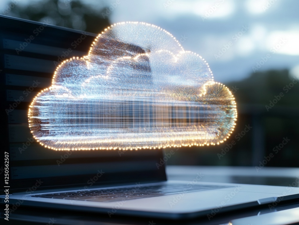 Poster Holographic Cloud Storage Display Virtual Interface Above Sleek Workspace Surface - Futuristic Tech Content and Digital Management Solutions for Modern Business Environments