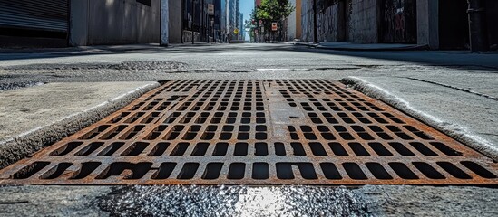 Large rusted metal grate on sidewalk providing ventilation and maintenance access in urban environment