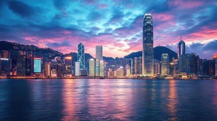 Fototapeta premium Stunning panoramic view of a vibrant Hong Kong skyline at dusk, featuring modern skyscrapers reflecting on the water with dramatic colorful clouds in the background.