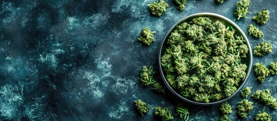 Large metal scoop with cannabis buds on scale against textured background ideal for advertising or informational content.