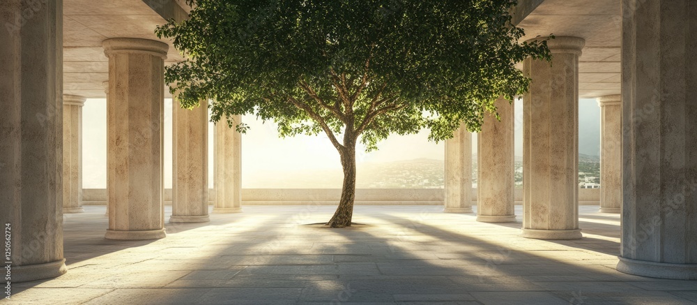 Poster serene architectural space with columns and a central tree creating a peaceful atmosphere for text a