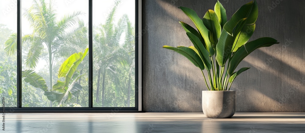Poster large houseplant in minimalist interior with empty frame and natural light creating a serene atmosph