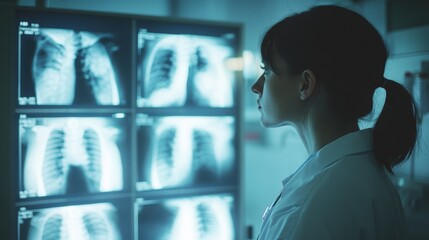 Woman doctor evaluates gigapixel high fidelity x-ray images in radiology department