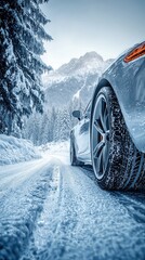 Sport car driving on snowy road in winter landscape with mountains