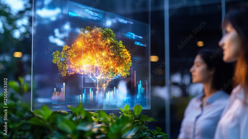 Poster Futuristic AI Team Collaboration Diverse Professionals in Glass-Walled Office with Digital Graphs and Data Diagrams - Innovating in Tech Startups for Smart Workspaces