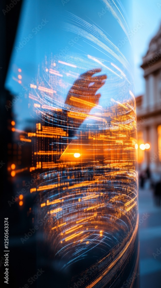 Poster futuristic financial interface holographic data visualization with neon accents in urban workspace -