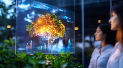 Futuristic AI Team Collaboration Diverse Professionals in Glass-Walled Office with Digital Graphs and Data Diagrams - Innovating in Tech Startups for Smart Workspaces