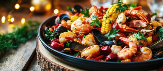 Seafood boil platter featuring shrimp, mussels, corn, and vibrant vegetables served on a rustic wooden table with festive lighting.