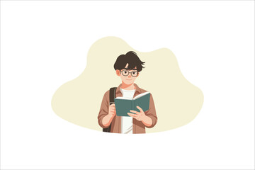 Illustration Young man standing with glasses reading a book. Vector illustration.