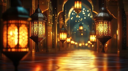 Elegant ramadan lanterns and lamps illuminating an ornate islamic background, perfect for ramadan kareem and eid mubarak greeting card designs, featuring traditional lantern decorations and warm festi